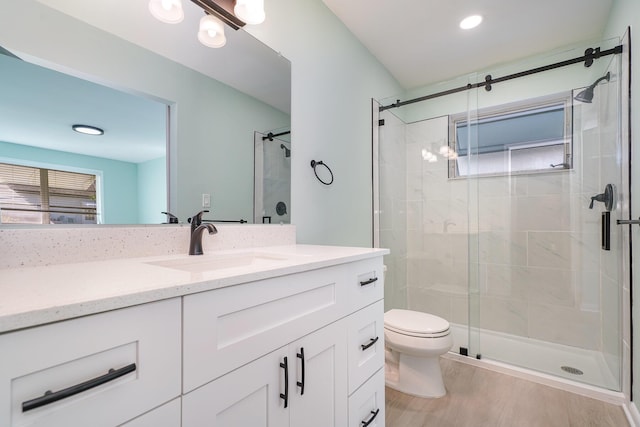 bathroom featuring hardwood / wood-style floors, vanity, a shower with door, and toilet