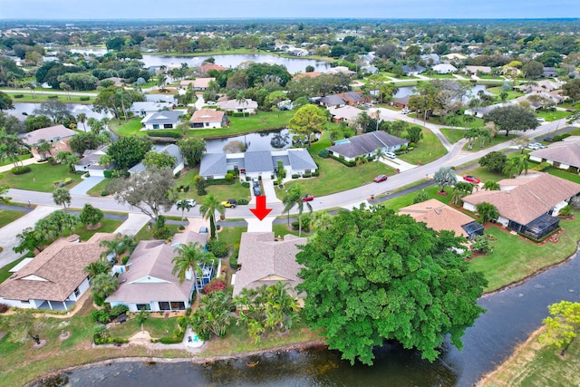 drone / aerial view featuring a water view