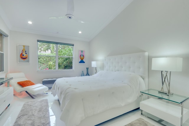 bedroom with ceiling fan, crown molding, and lofted ceiling