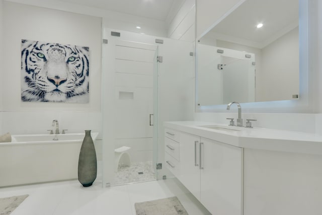 bathroom with vanity, tile patterned floors, an enclosed shower, and crown molding