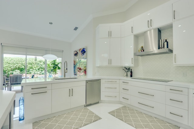 kitchen featuring white cabinetry, sink, stainless steel dishwasher, and wall chimney range hood