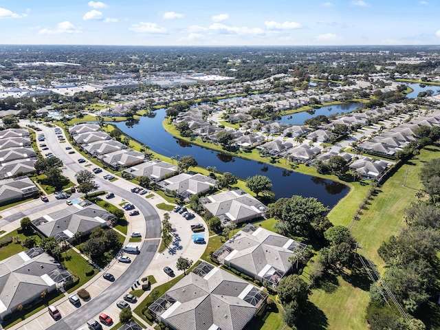 drone / aerial view with a water view