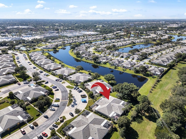 drone / aerial view featuring a water view