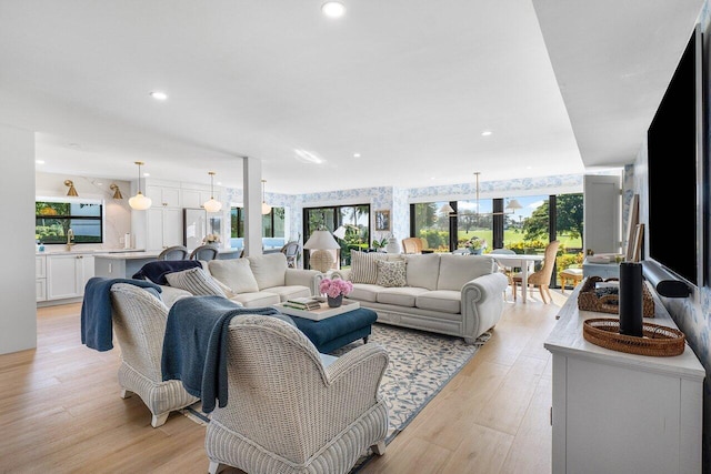 living room with light wood-type flooring