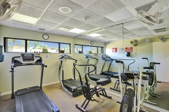 workout area with carpet and a drop ceiling