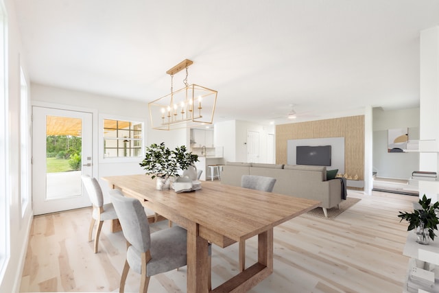 dining room featuring a notable chandelier and light hardwood / wood-style flooring