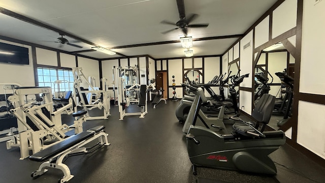 workout area featuring ceiling fan