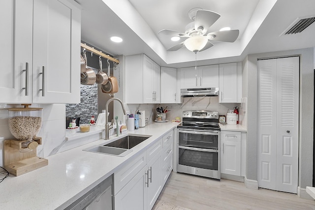 kitchen with decorative backsplash, sink, white cabinets, and appliances with stainless steel finishes