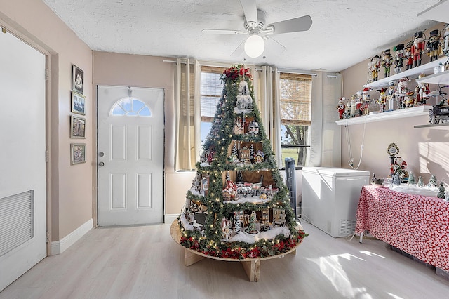 interior space featuring ceiling fan, light hardwood / wood-style floors, and a textured ceiling