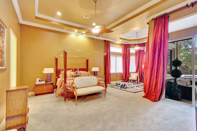 carpeted bedroom featuring access to outside, a raised ceiling, ceiling fan, and ornamental molding