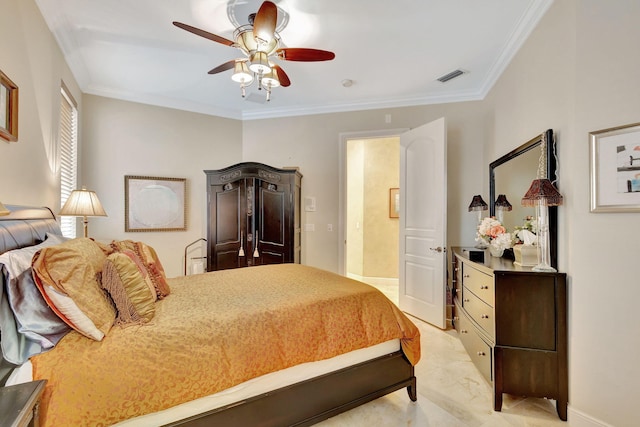 bedroom featuring ensuite bath, ceiling fan, and crown molding