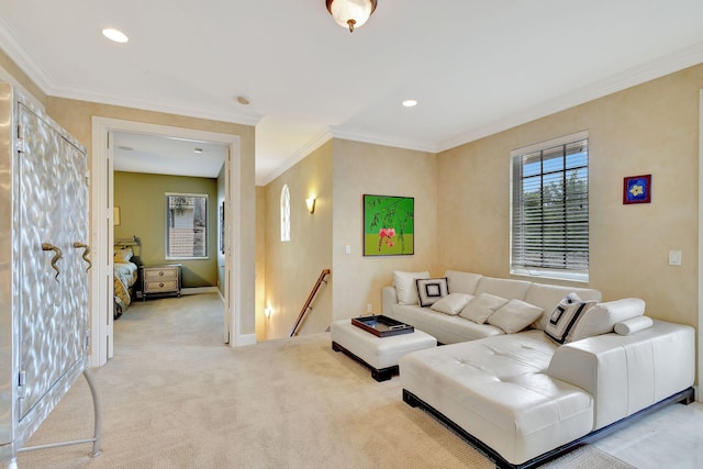 carpeted living room with crown molding