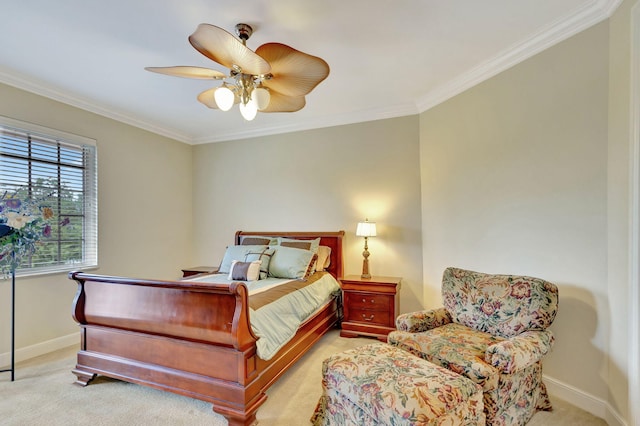 bedroom with ceiling fan, crown molding, and light colored carpet