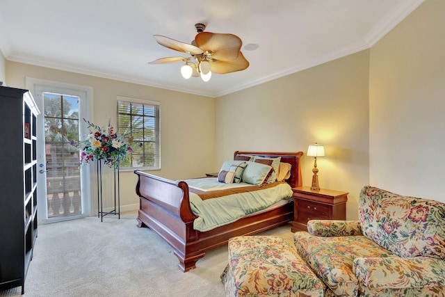 bedroom featuring access to outside, ceiling fan, light colored carpet, and ornamental molding