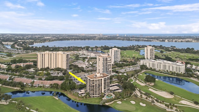 bird's eye view with a water view