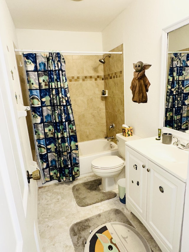 full bathroom with tile patterned flooring, shower / bath combo, vanity, and toilet