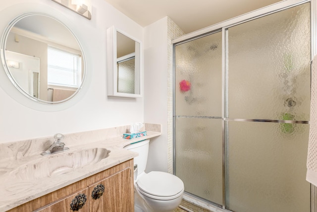 bathroom with vanity, toilet, and a shower with shower door