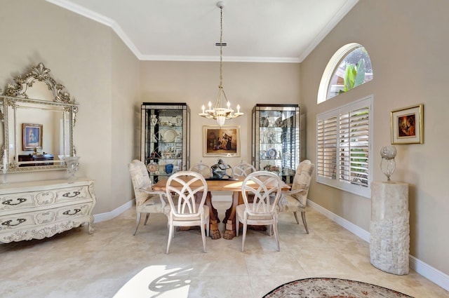 tiled dining space featuring ornamental molding and a notable chandelier