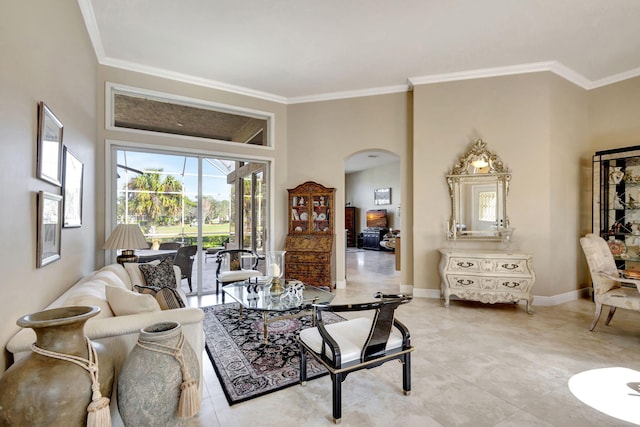 1935 SW Whitemarsh Way, Palm City, FL 34990 - living area featuring arched walkways, crown molding, baseboards, and light tile patterned flooring