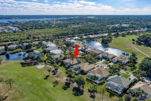 drone / aerial view featuring a water view