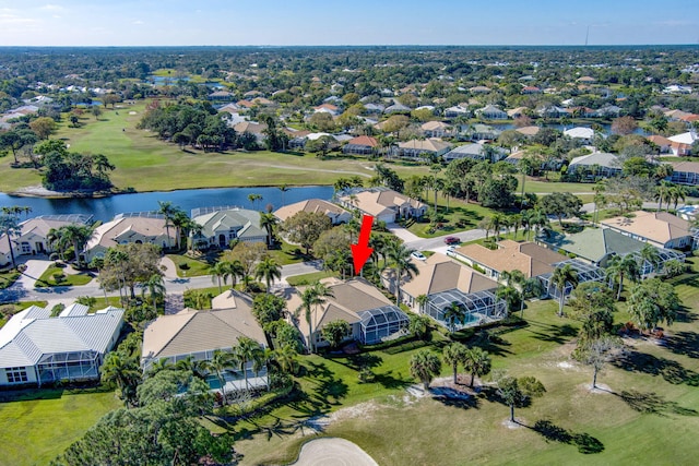 birds eye view of property featuring a water view