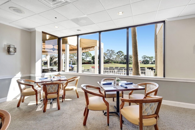 carpeted dining space with crown molding and a wealth of natural light