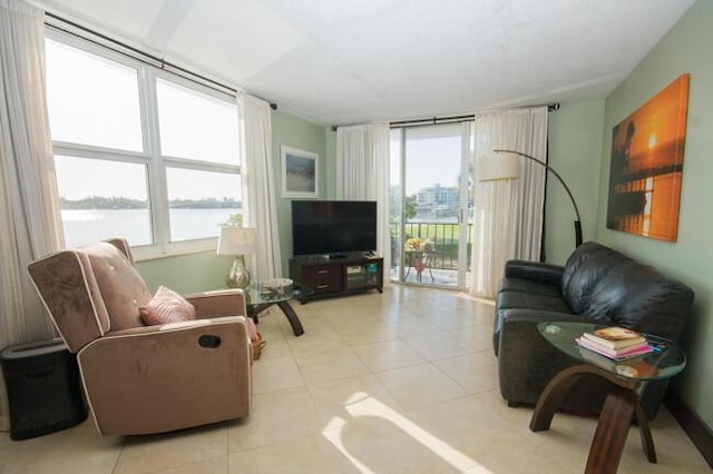 living room featuring light tile patterned flooring