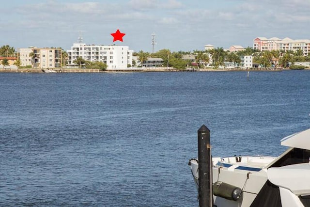 exterior space with a water view