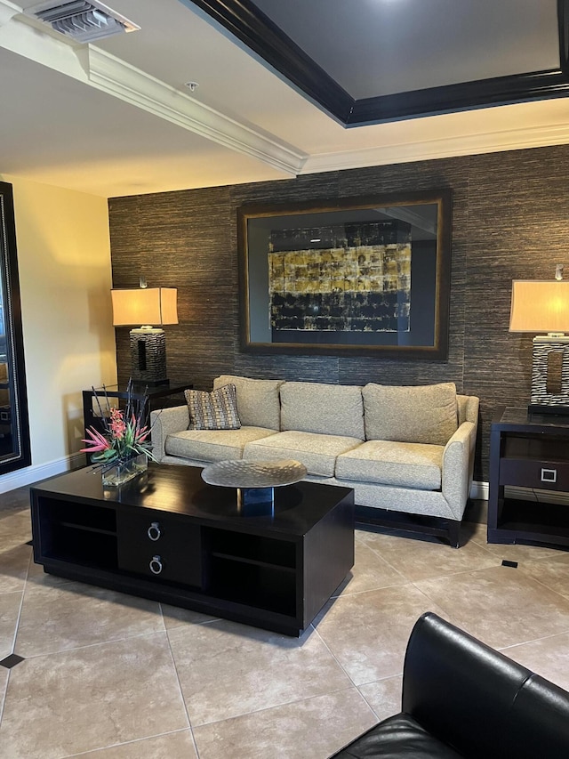 tiled living room with ornamental molding