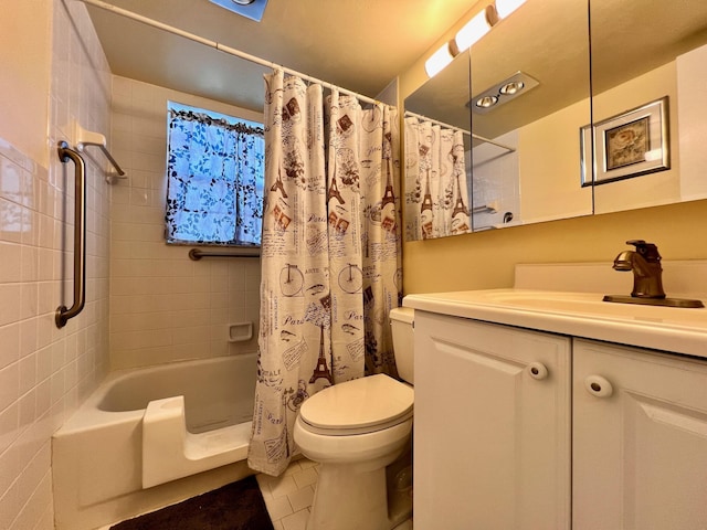 full bathroom with vanity, shower / tub combo with curtain, tile patterned flooring, and toilet