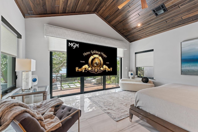 bedroom with access to exterior, crown molding, high vaulted ceiling, and wood ceiling