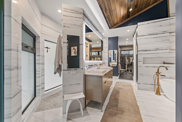 bathroom with vanity, lofted ceiling, wooden ceiling, crown molding, and shower with separate bathtub