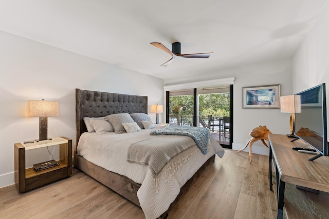 bedroom with access to outside, light hardwood / wood-style floors, and ceiling fan