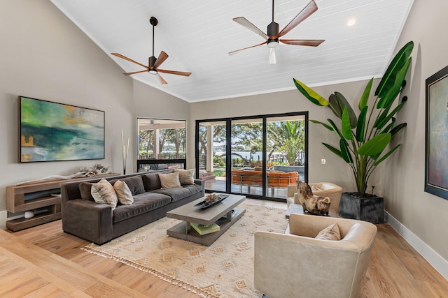 living room with wood ceiling, ceiling fan, high vaulted ceiling, and light hardwood / wood-style floors