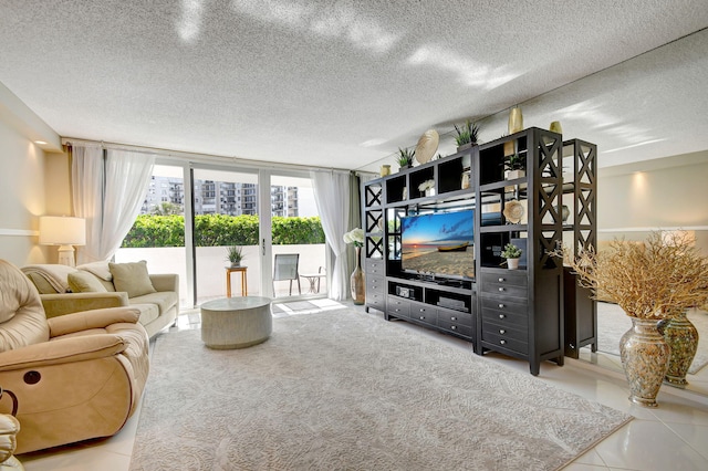 tiled living room with a textured ceiling