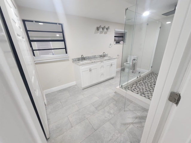 bathroom with vanity, an enclosed shower, and toilet