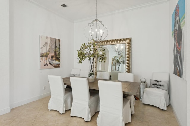 dining space with crown molding, light tile patterned floors, and an inviting chandelier