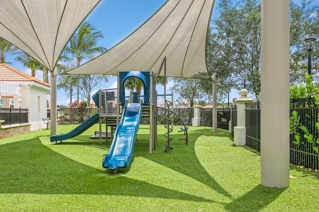 view of jungle gym with a yard