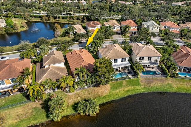 aerial view featuring a water view