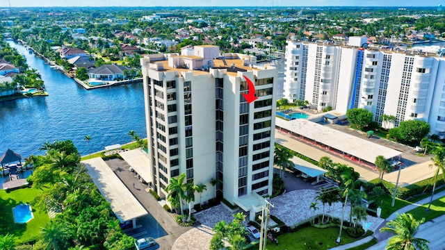 bird's eye view with a water view