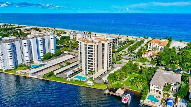 drone / aerial view featuring a water view