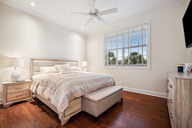 bedroom with ceiling fan, dark wood-type flooring, and ornamental molding