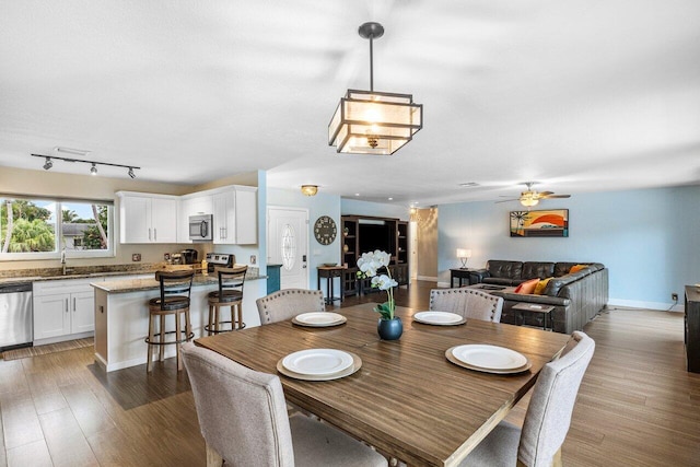 dining area featuring ceiling fan, light wood-type flooring, sink, and track lighting