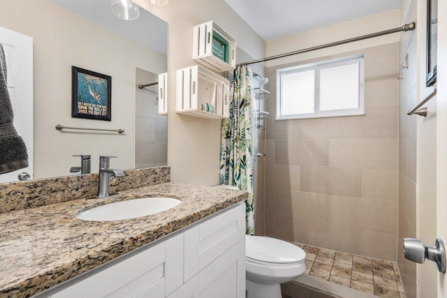 bathroom featuring vanity, toilet, and curtained shower