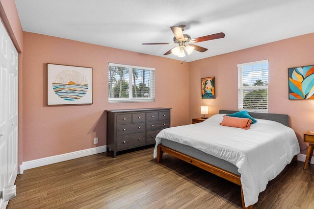 bedroom with ceiling fan, wood-type flooring, multiple windows, and a closet