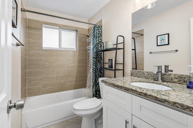 full bathroom featuring tile patterned flooring, vanity, toilet, and shower / tub combo with curtain