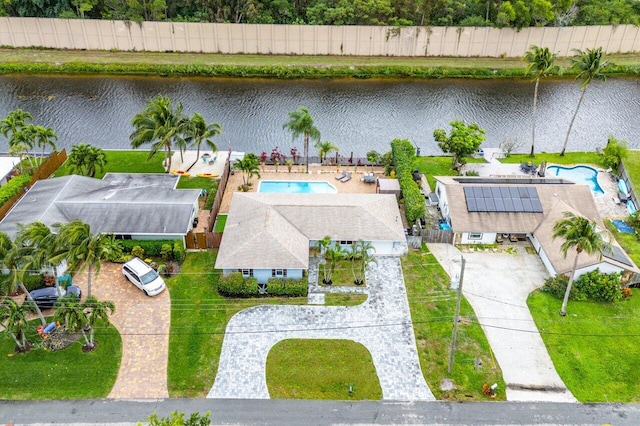 bird's eye view with a water view