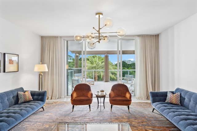 living room featuring a notable chandelier