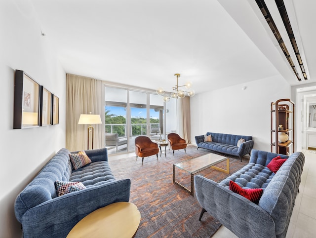 living room featuring a notable chandelier