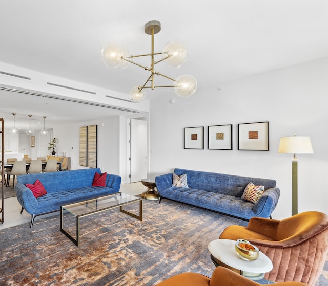 living room featuring a chandelier